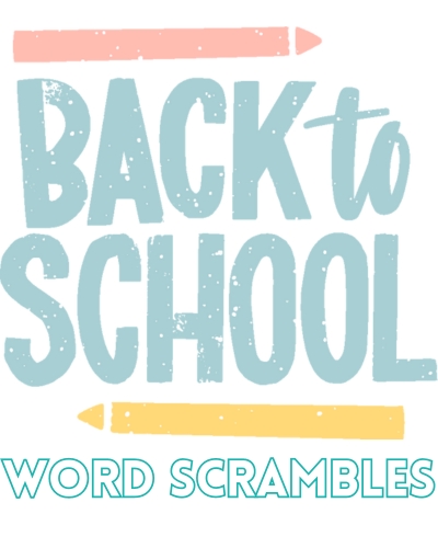Back to School word scramble puzzle with educational-themed jumbled letters for students to solve.